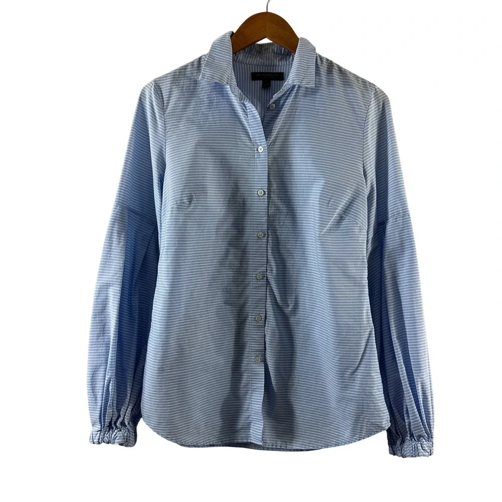 Banana Republic Riley Shirt Womens 8 Blue White Pinstripe Puff Sleeve Cotton Top